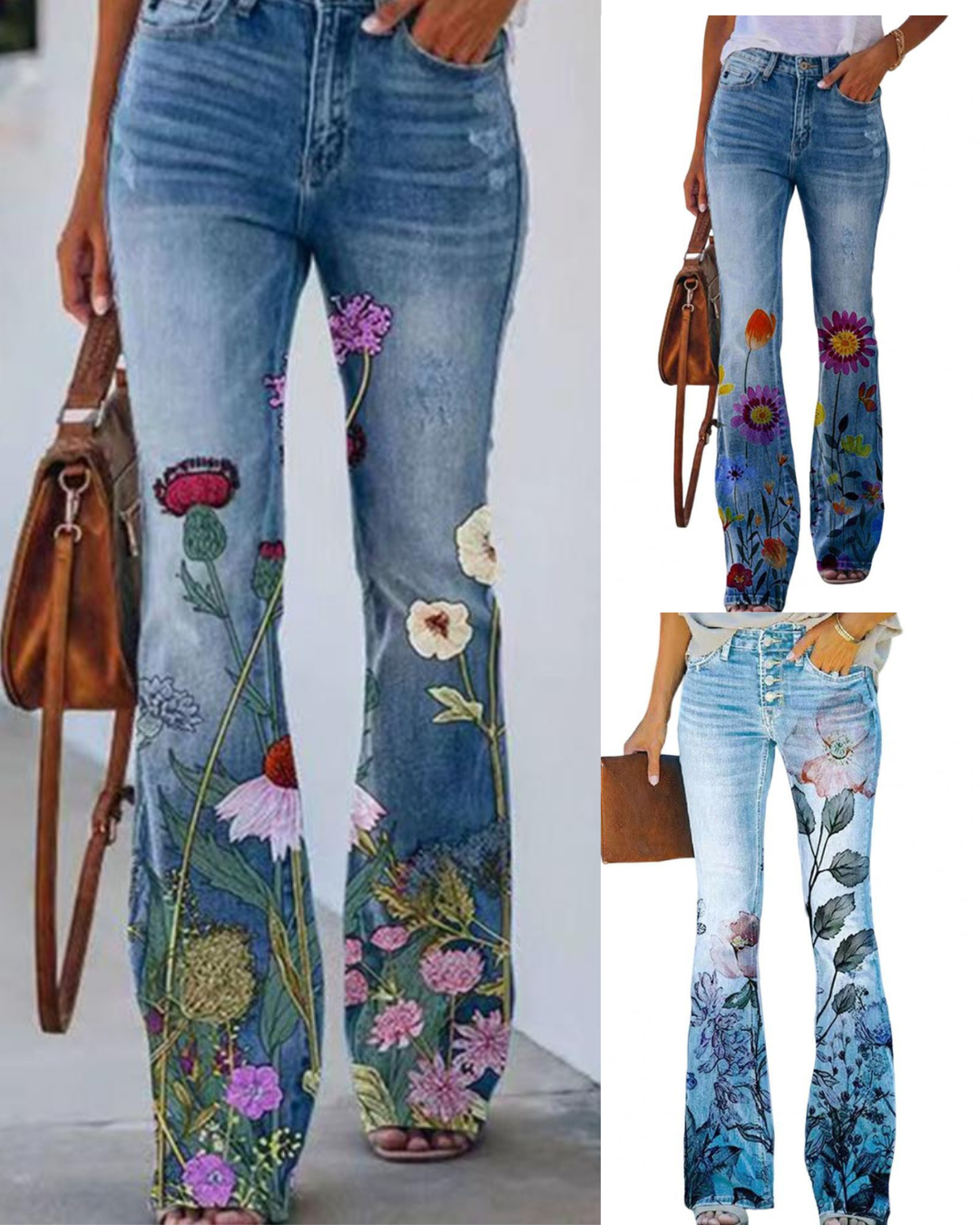 מכנס ג'ינס הורס עם הדפסי פרחים - flowers