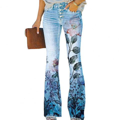 מכנס ג'ינס הורס עם הדפסי פרחים - flowers